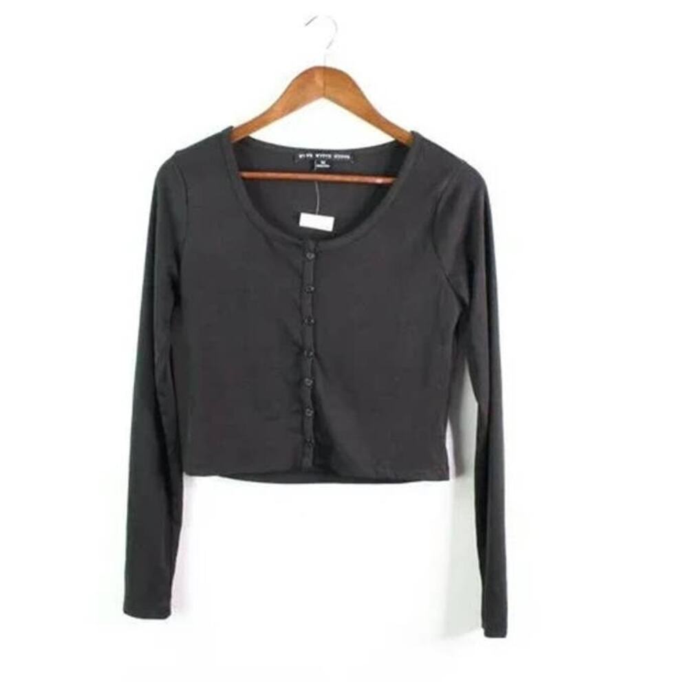 HYFVE Women's Ribbed Crop Cardigan Top Medium Black NWT Button Front Scoop Neck